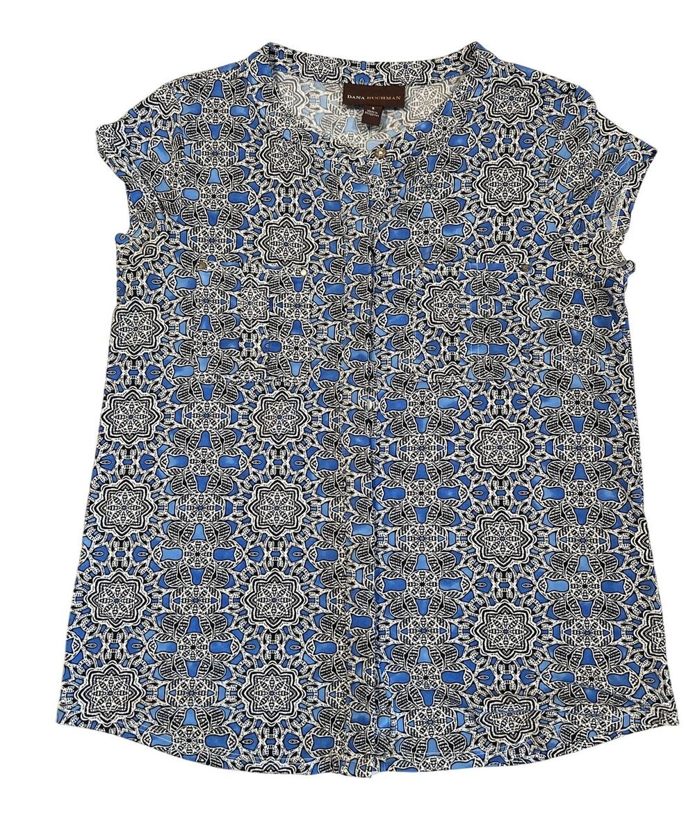 Dana Buchman Blue Graphic Print Button Front Top Women's Size S Sleeveless